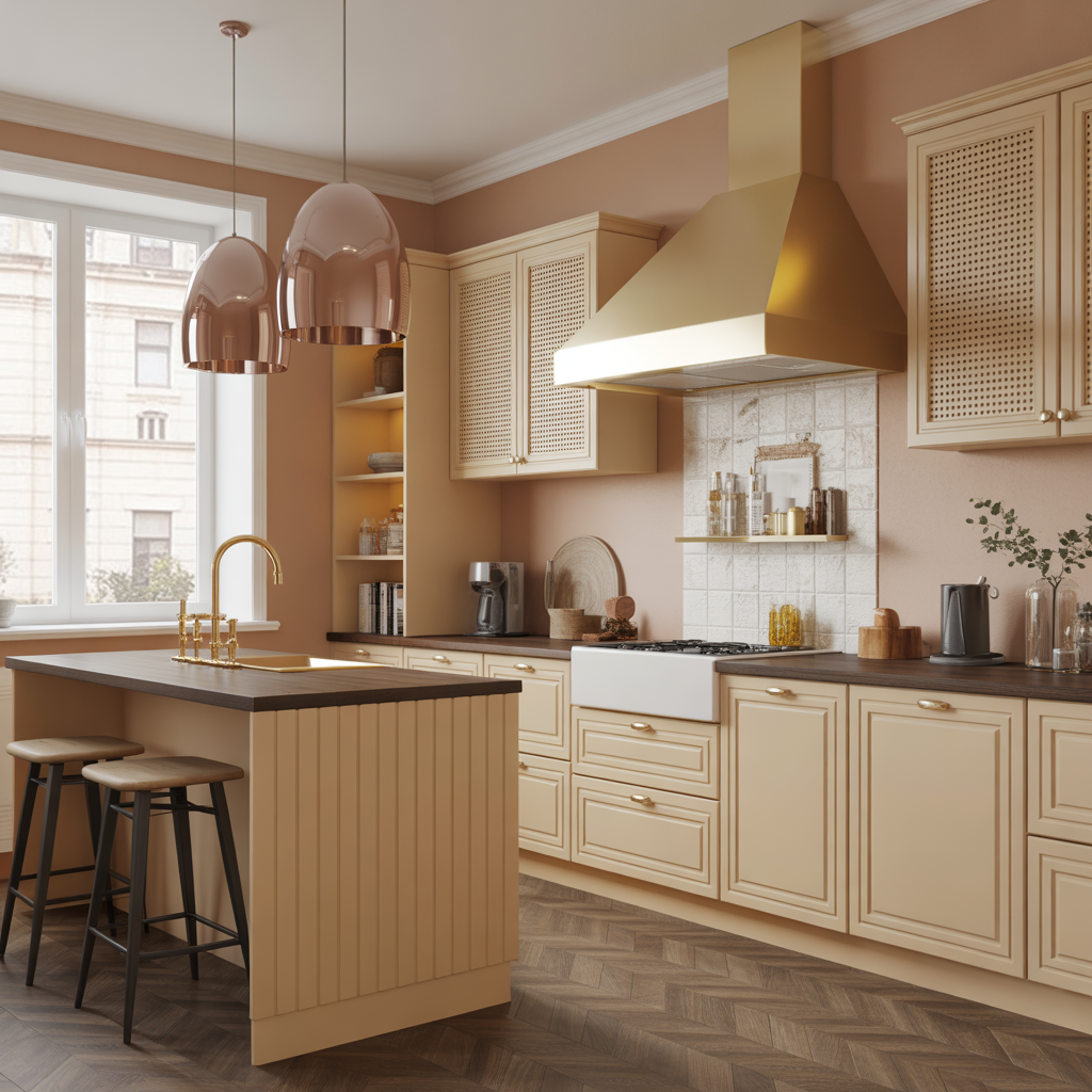 12 Warm Neutral Kitchen Ideas: To Create a Cozy, Timeless Space 7 Warm beige kitchen with brass faucet and gold handles over kitchen island.