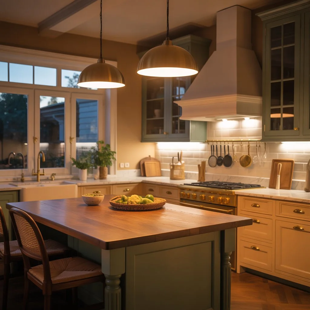 12 Warm Neutral Kitchen Ideas: To Create a Cozy, Timeless Space 9 Warm kitchen with pendant lights and brass accents creating cozy ambiance.