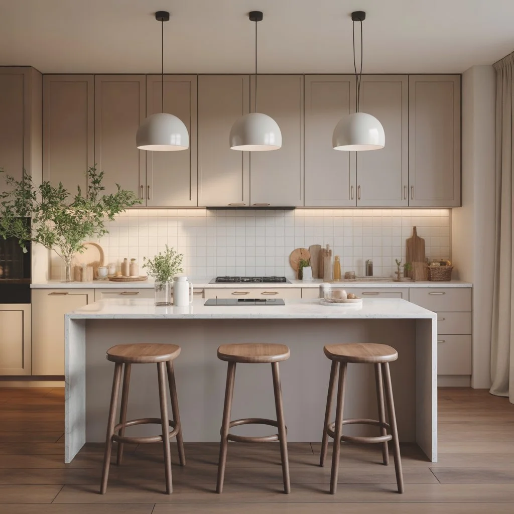 12 Warm Neutral Kitchen Ideas: To Create a Cozy, Timeless Space 3 Warm neutral kitchen with taupe cabinets, white quartz countertop, and wooden bar stools.