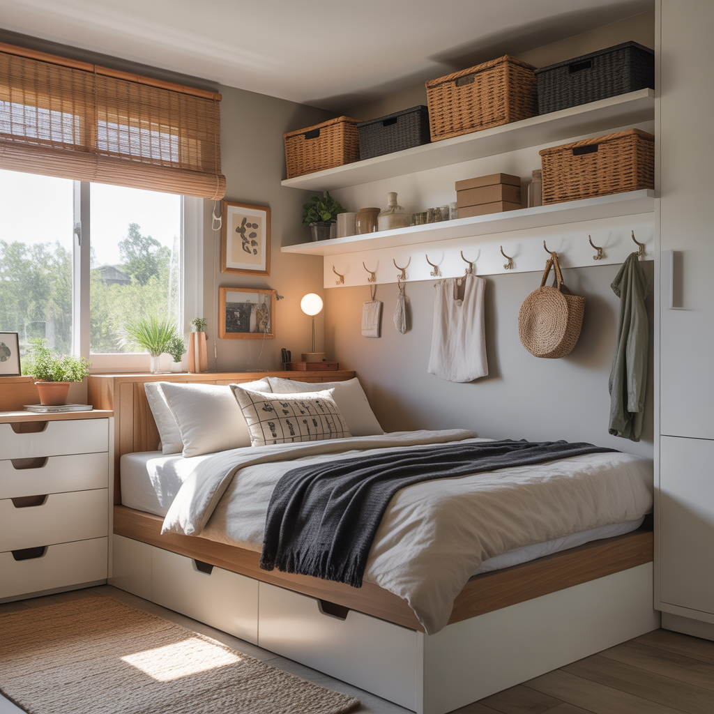 Bedroom Ideas for Small Rooms Cozy: Expert Tips to Create a Warm, Stylish Space 9 Organized small bedroom with under-bed drawers and wall hooks