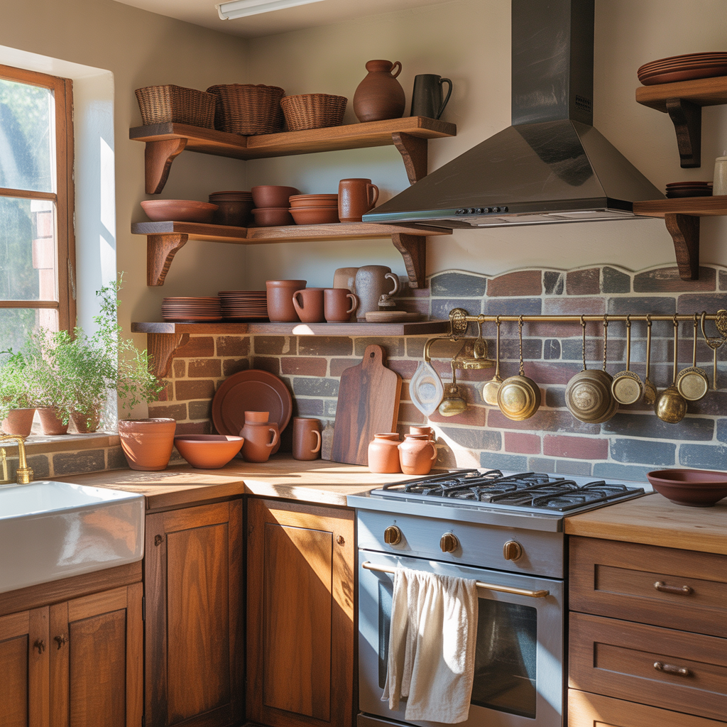 Earthy Cottage Home Decor: The Perfect Blend of Warmth, Comfort, and Natural Charm 8 kitchen with wood shelves and clay decor