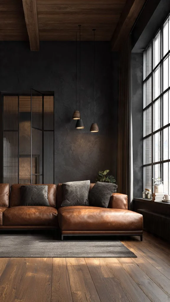 11 Black and Brown Living Room Ideas for a Stylish, Modern & Cozy Home 2 Black Accent Wall With Brown Leather Sofa