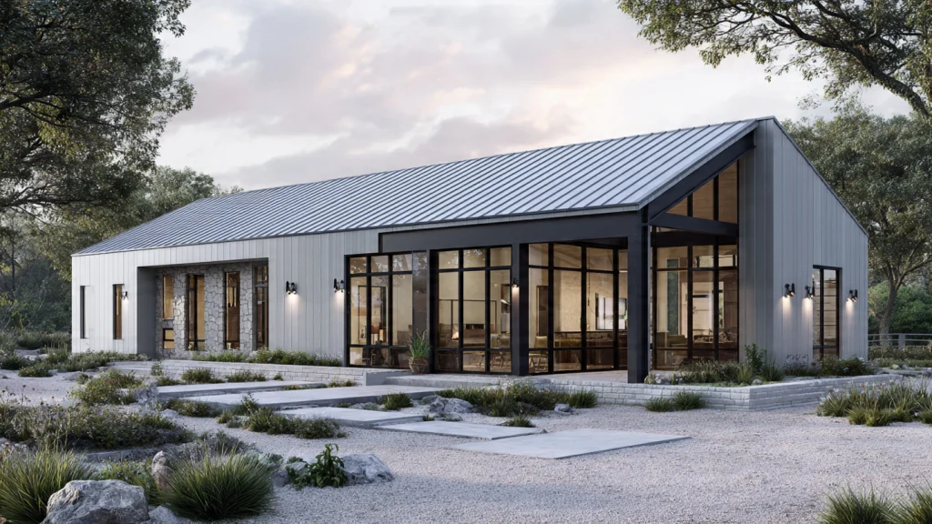 20 Barndominium Ideas for Modern, Affordable & Stylish Living 2 1. Modern Minimalist Barndominium