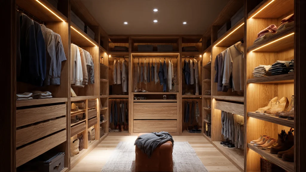 12 Dressing Room Design: Luxury, Modern & Space-Saving Ideas for Every Home 11 Wooden Dressing Room Design (Warm & Elegant)