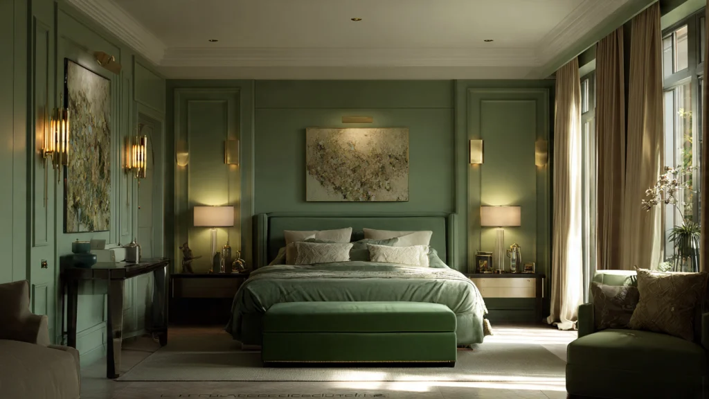 15 Sage Green Bedroom Ideas for a Calm, Elegant & Timeless Space 12 Sage Green Bedroom with Layered Lighting