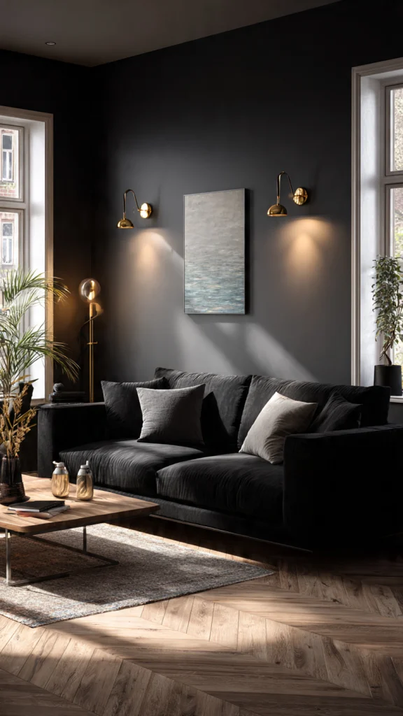 12 Black Couch Living Room Ideas: Transform Your Space with Style 13 Black Couch with Minimalist Lighting