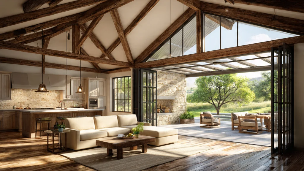 20 Barndominium Ideas for Modern, Affordable & Stylish Living 15 14. Barndominium with Indoor-Outdoor Living