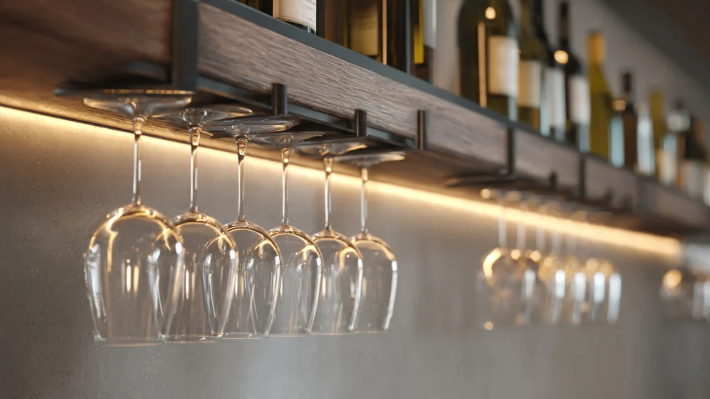 20 Wall Bar Ideas: Stylish, Modern & Space-Saving Designs for Every Home 15 14. Wall Bar with Hanging Glass Holders