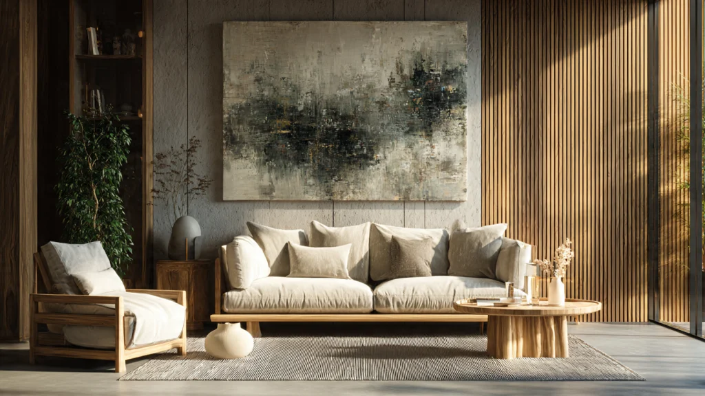 17 Modern Organic Living Room Ideas for a Calm, Natural & Stylish Space 16 Soft Wall Art Inspired by Nature