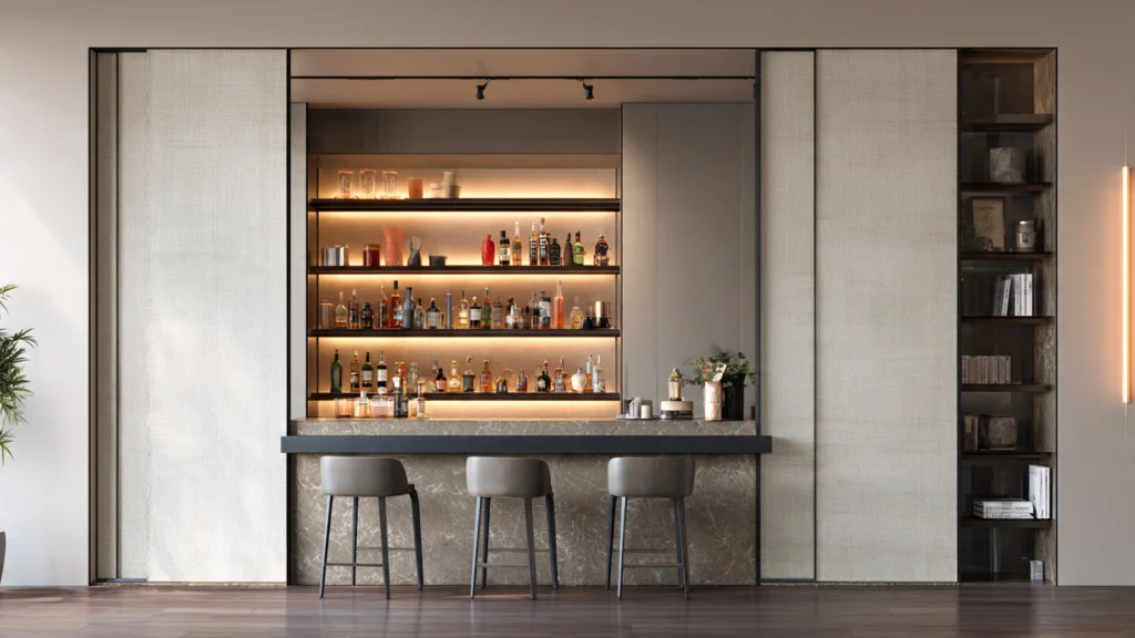 20 Wall Bar Ideas: Stylish, Modern & Space-Saving Designs for Every Home 19 18. Hidden Wall Bar Behind Panels
