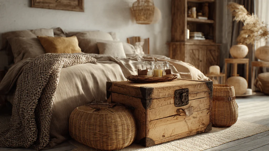 20 Cottagecore Bedroom Ideas to Create a Cozy, Romantic, and Timeless Space 19 Vintage Trunks and Storage Baskets