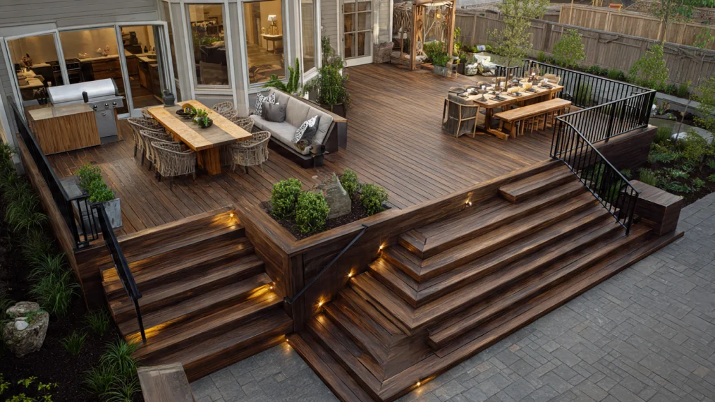 14 Backyard Deck Ideas for a Stunning Outdoor Makeover (Modern, Cozy & Budget-Friendly Options) 3 Multi-Level Deck Design