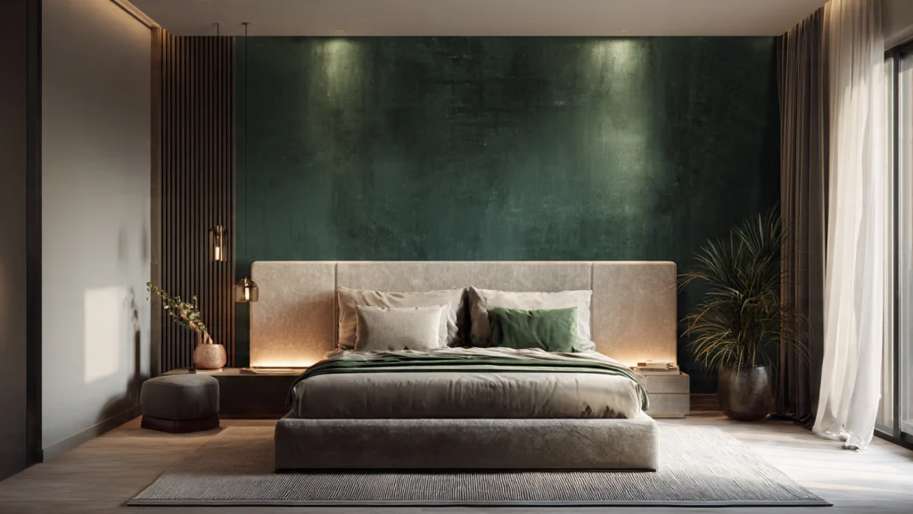 13 Green Bedroom Ideas for a Calm, Stylish & Refreshing Bedroom 3 Dark Green Accent Wall Bedroom Idea