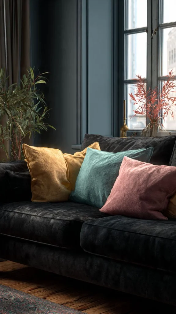 12 Black Couch Living Room Ideas: Transform Your Space with Style 4 Black Couch with Vibrant Throw Pillows