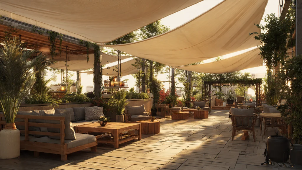 11 Covered Patio Ideas to Transform Your Outdoor Space (Rich, Inspiring & Practical Guide) 5 Fabric Shade Canopy for a Soft, Elegant