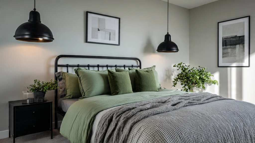 15 Sage Green Bedroom Ideas for a Calm, Elegant & Timeless Space 5 Modern Sage Green Bedroom with Black Details