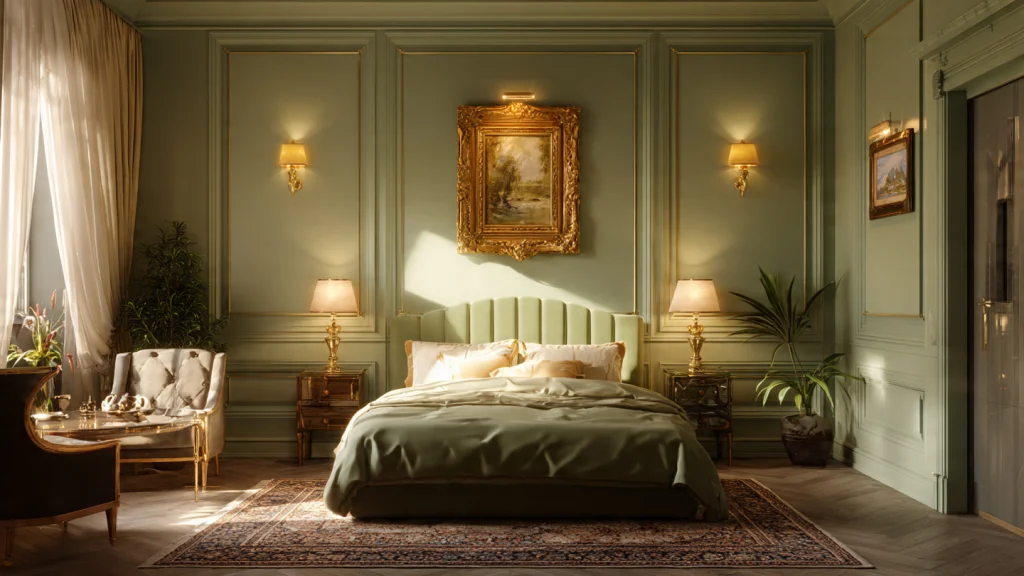 15 Sage Green Bedroom Ideas for a Calm, Elegant & Timeless Space 6 Sage Green Bedroom with Gold & Brass Accents