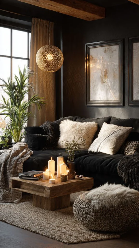 12 Black Couch Living Room Ideas: Transform Your Space with Style 7 Cozy Black Couch Living Room with Layered Textures
