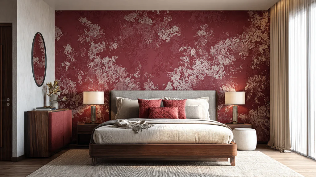 10 Burgundy Bedroom Ideas to Create a Luxurious, Warm & Stylish Space 8 Burgundy Bedroom with Patterned Wallpaper