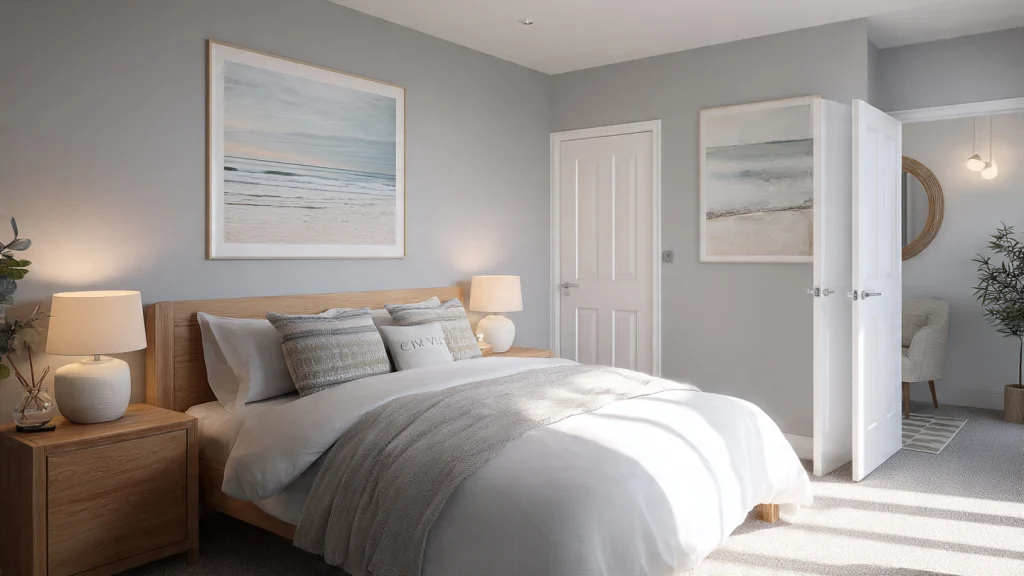 13 Coastal Bedrooms: Timeless Ideas for a Calm, Beach-Inspired Retreat 8 Elegant Coastal Bedroom with Soft Grey Tones