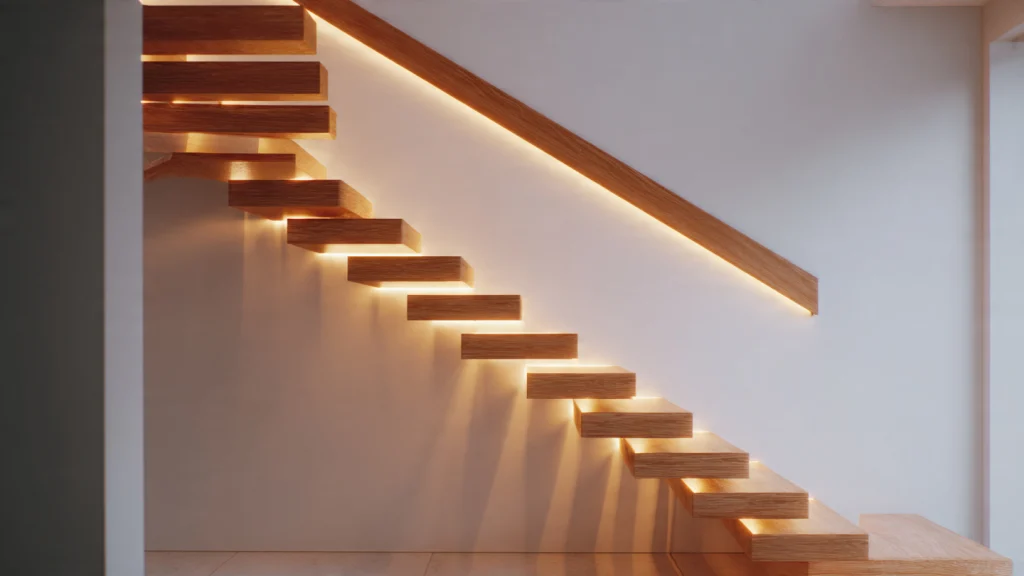 15 Stair Railing Ideas: Stylish, Modern & Creative Designs for Your Home 8 Floating Handrail with LED Lights