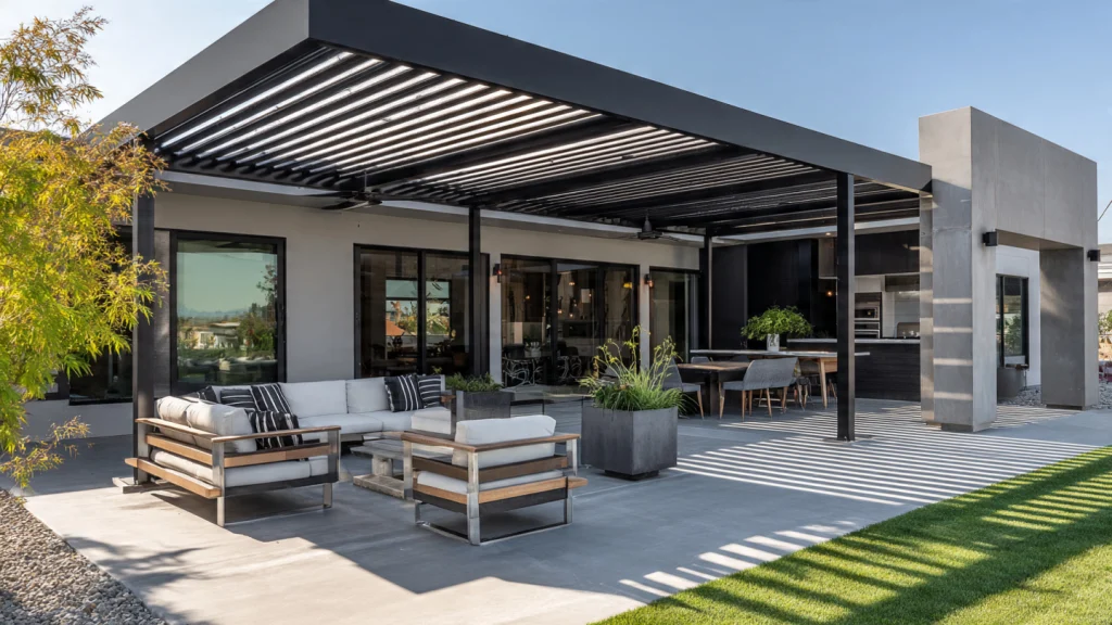 11 Covered Patio Ideas to Transform Your Outdoor Space (Rich, Inspiring & Practical Guide) 9 Aluminum or Steel Modern Patio Cover