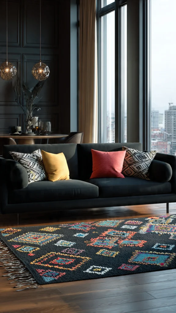 12 Black Couch Living Room Ideas: Transform Your Space with Style 9 Black Couch Living Room with Colorful Rugs