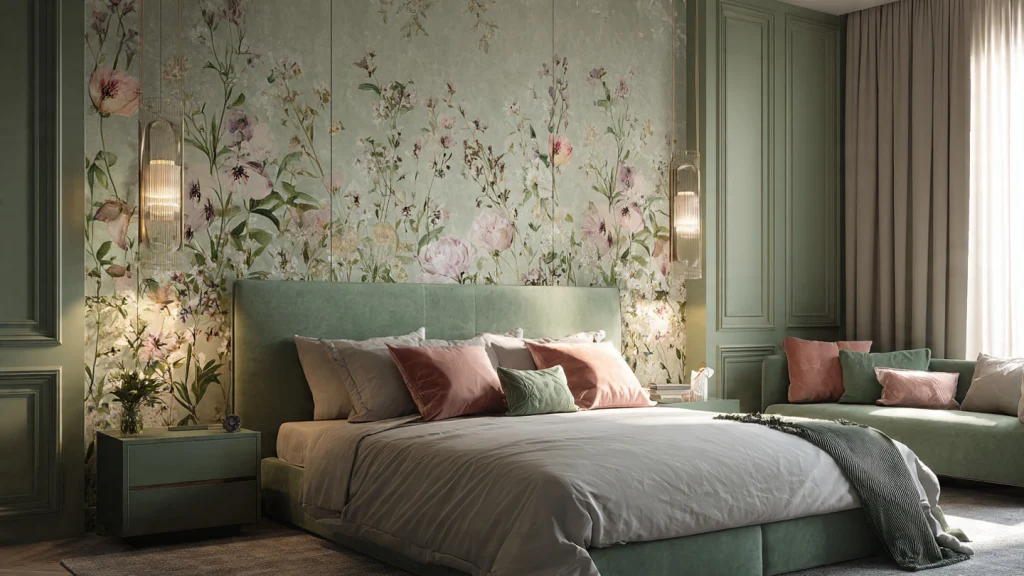 15 Sage Green Bedroom Ideas for a Calm, Elegant & Timeless Space 9 Sage Green Bedroom with Floral Wallpaper