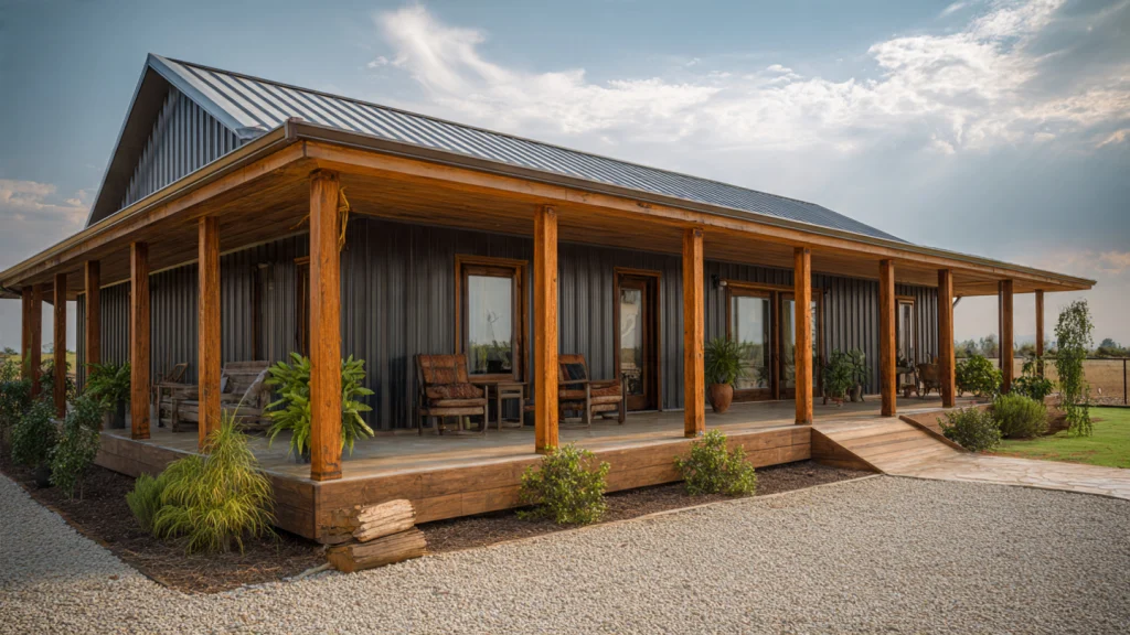20 Barndominium Ideas for Modern, Affordable & Stylish Living 9 8. Barndominium with Wraparound Porch