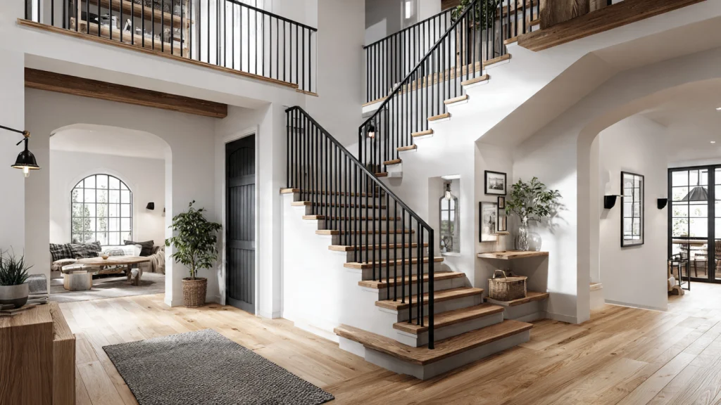 15 Stair Railing Ideas: Stylish, Modern & Creative Designs for Your Home 9 Black Metal Stair Railing for Dramatic Contrast