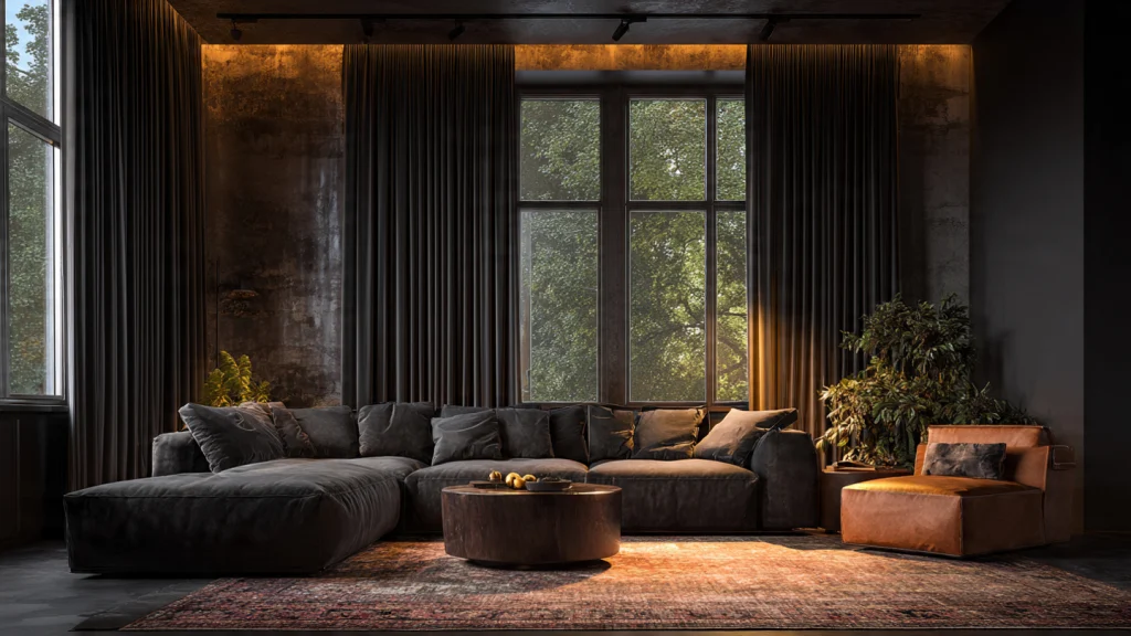 20 Moody Living Room Ideas for a Dark, Dramatic & Luxury Interior 14 Moody Living Room with Layered Rugs
