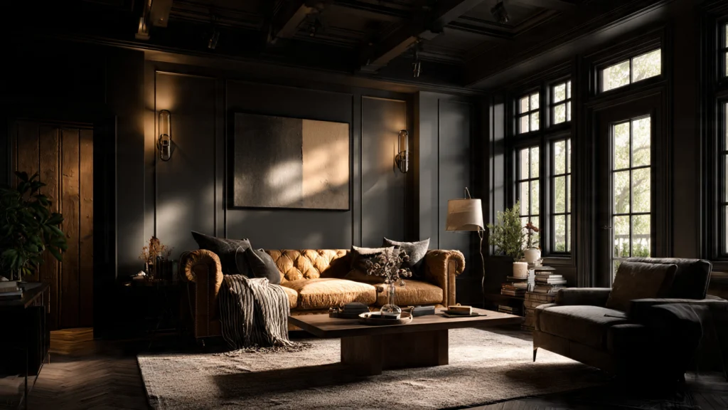 20 Moody Living Room Ideas for a Dark, Dramatic & Luxury Interior 19 Moody Living Room with Leather Furniture
